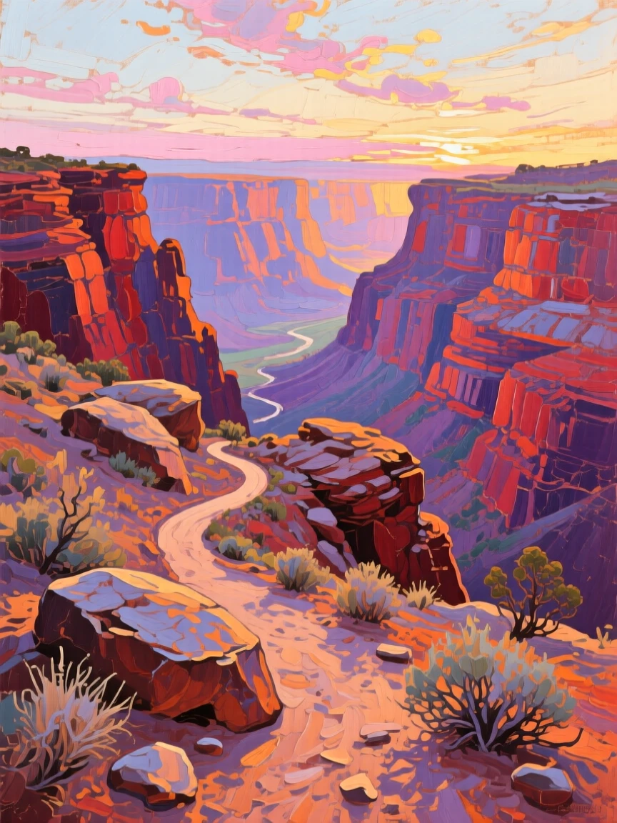 a winding trail through a dramatic canyon, at first light, with layered visual detail from foreground to horizon.