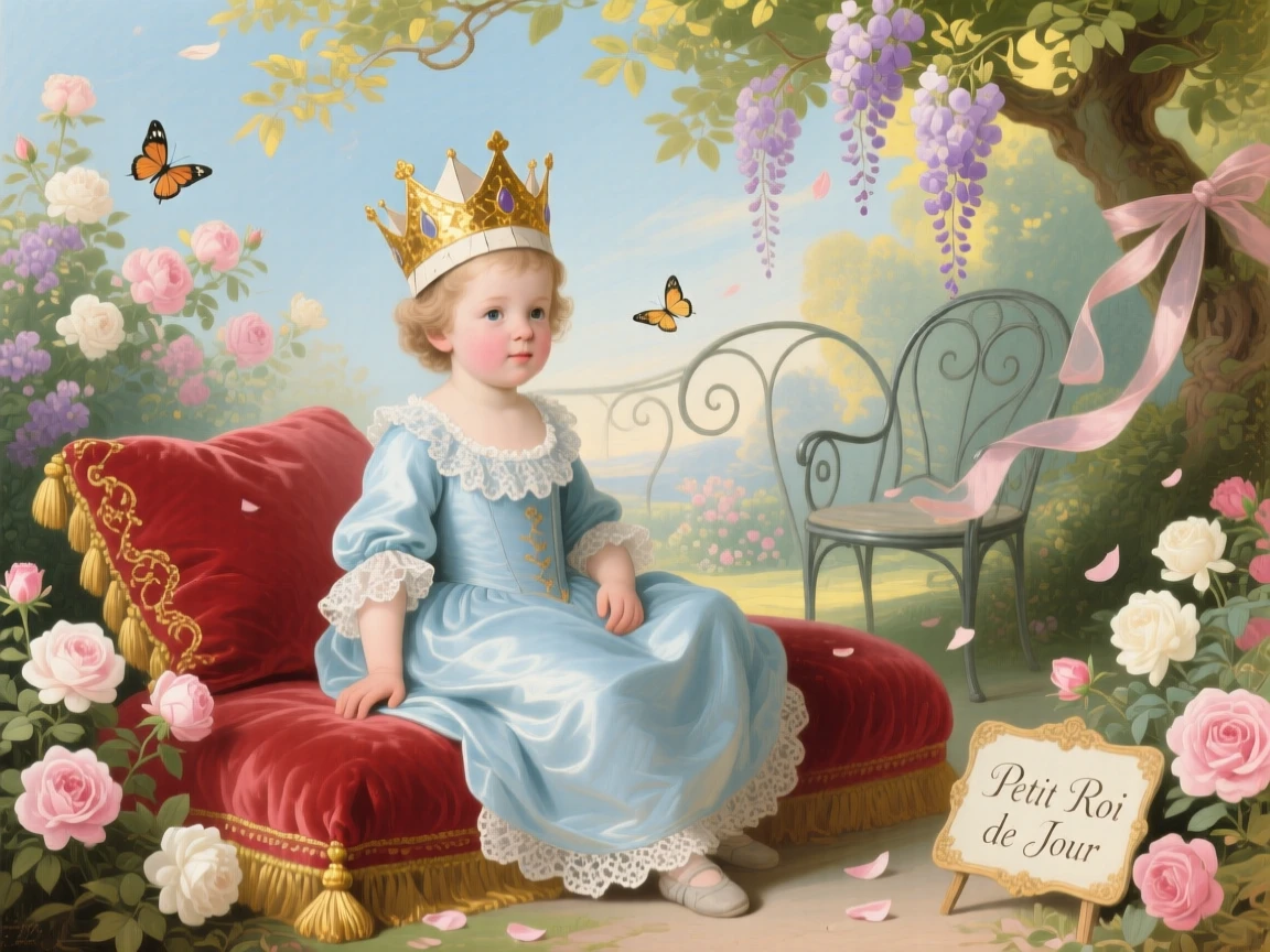 A child wearing a paper crown seated proudly on a velvet cushion  