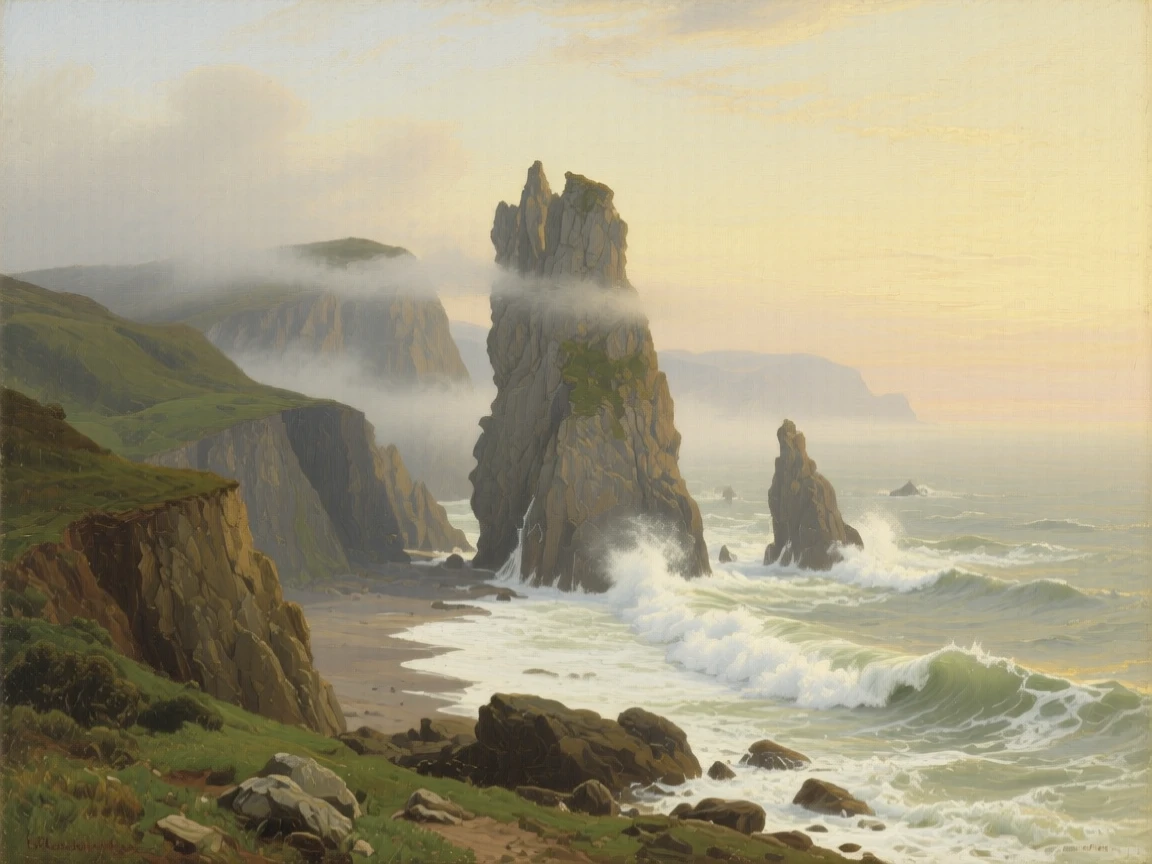 A rugged coastline with sea stacks rising from crashing white surf, with morning mist clinging to the surrounding valleys, conveying the peaceful isolation of a place few have ever seen