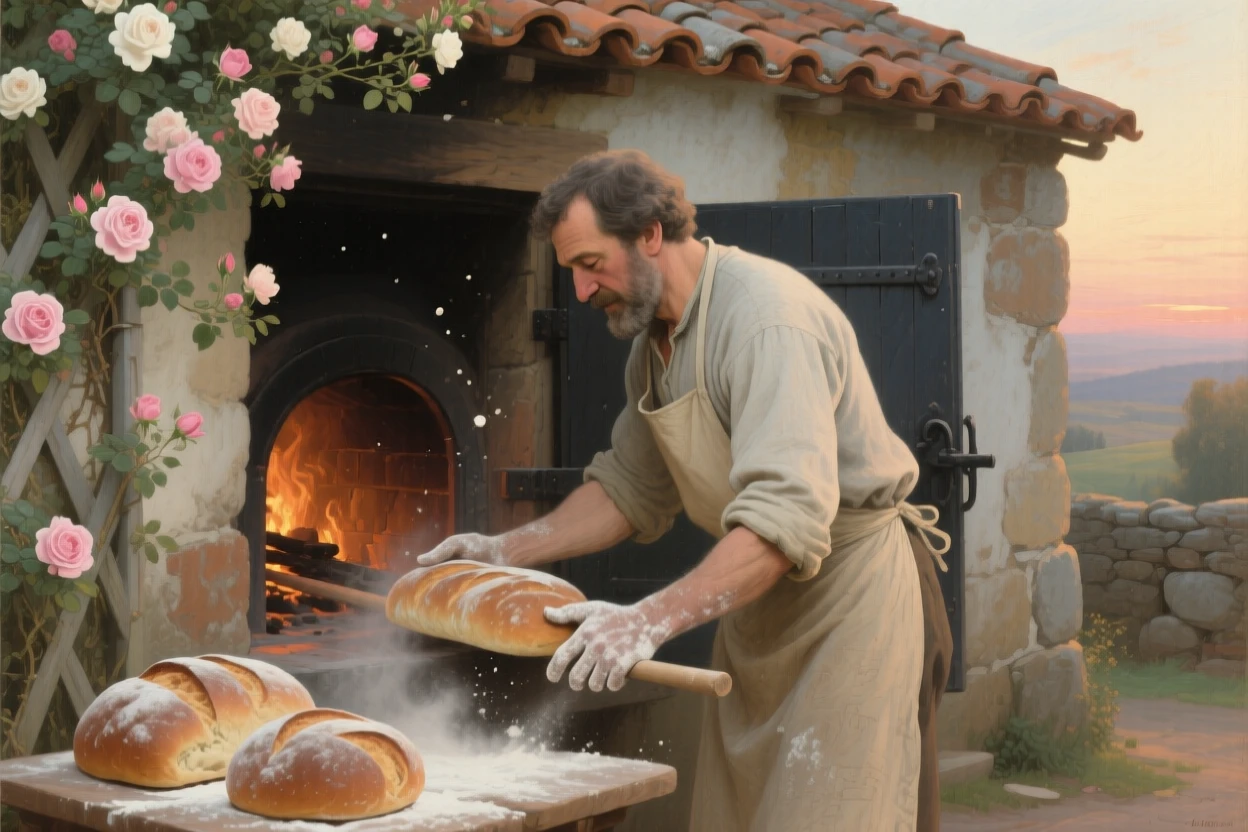 A baker pulling fresh loaves from a wood-fired oven at dawn in a scene both modest and deeply human, set beside a rustic cottage framed by climbing roses, with soft morning light catching dust and flour in the air; a tight, intimate framing draws focus to hands and faces at work, filled with gentle humor, warmth, and community spirit.