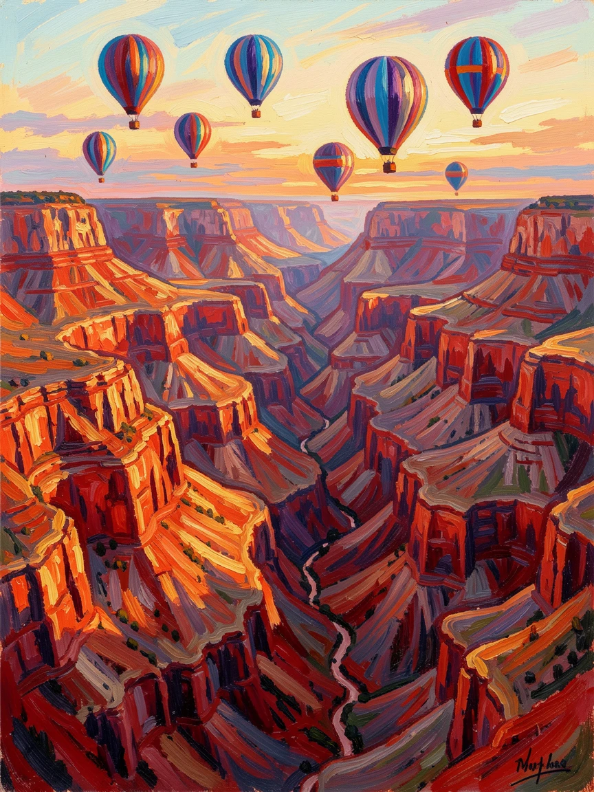 A wide canyon at sunrise, hot air balloons rising slowly above the layered red rock.