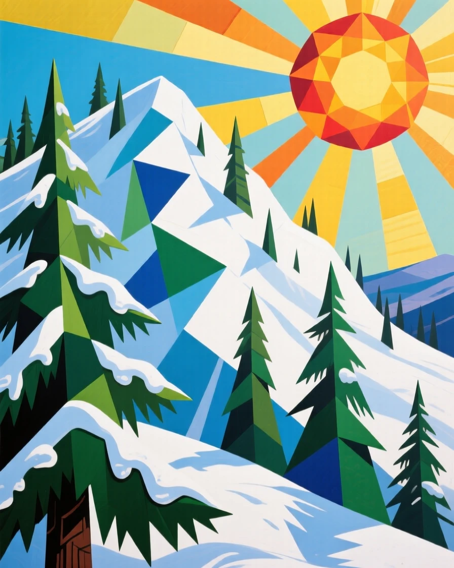 A medium shot of a snow-dusted pine ridge under a blazing midday sun, at the peak of summer.