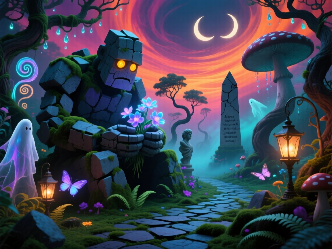 A golem of stone and moss tending a quiet garden alone guards a hidden path that few have ever found, while wisps of light curl gently around its form.