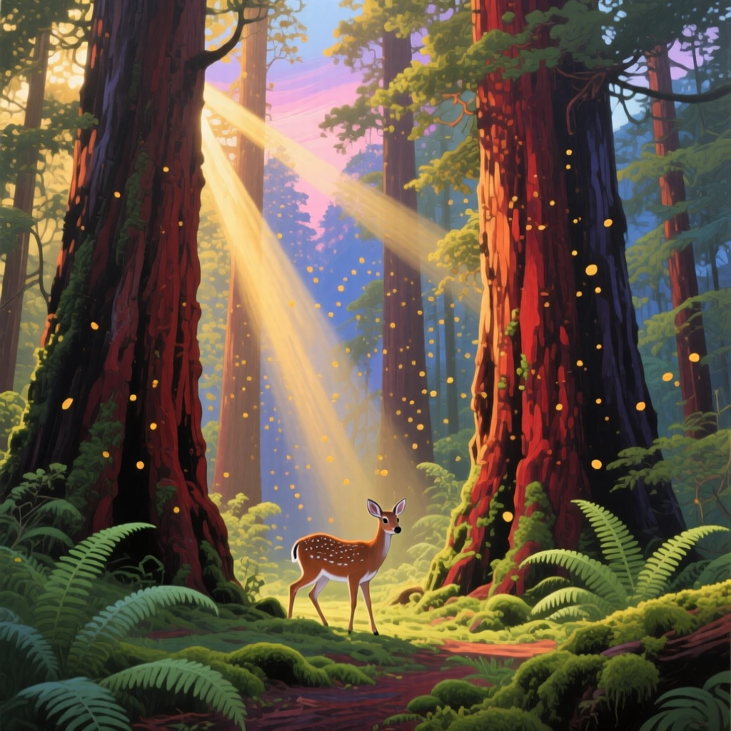 Sunbeams pierce through a dense redwood forest in California, illuminating drifting pollen and ferns carpeting the forest floor, a small deer stepping cautiously between the massive ancient trunks, subtle color shifts across the sky suggesting the slow passage of time within the scene.