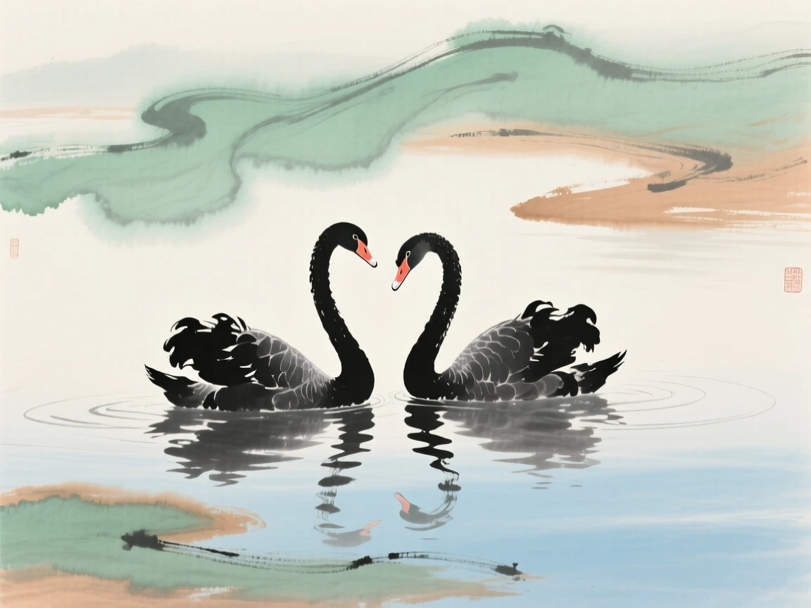 A pair of swans gliding side by side across a quiet lake, full of quiet reverence, through swirling morning fog, at midday.