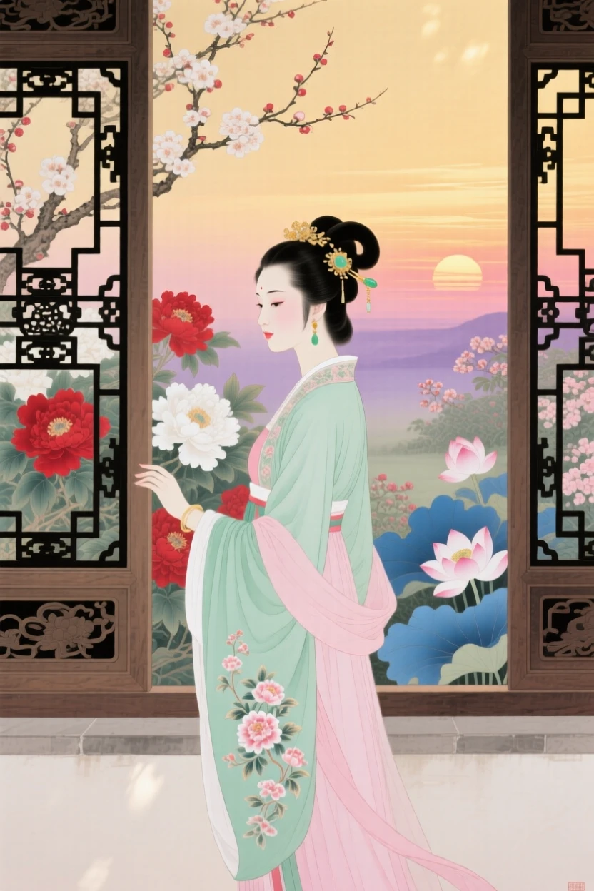 A princess looking out from a palace window over a blooming garden, as the last light of day fades over the horizon