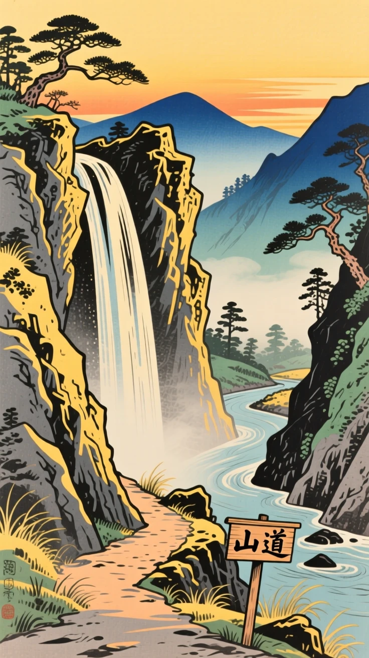A narrow mountain pass, beside a cascading waterfall, in golden late-afternoon light.