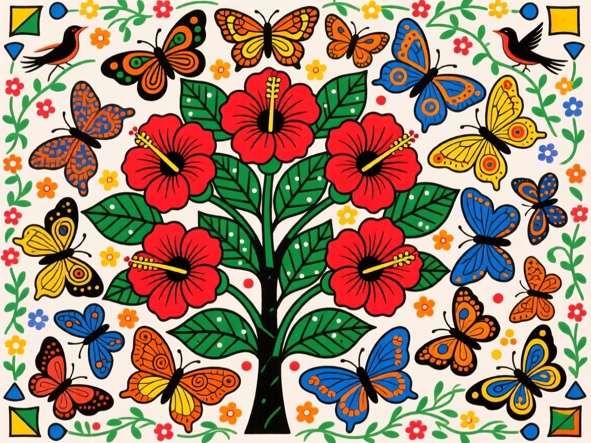 Dozens of butterflies circling a single blossoming hibiscus bush.