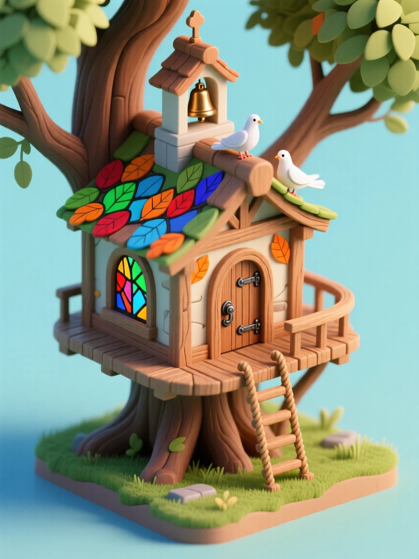 A treehouse chapel with a tiny bell tower, stained-glass windows made of colored leaves, a rope ladder leading to a wooden door, and doves perched on the roofline.