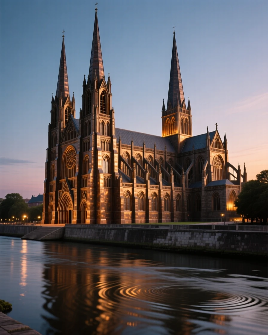 A grand riverside cathedral glowing at twilight, captured with dramatic, sweeping perspective, exuding timeless grandeur