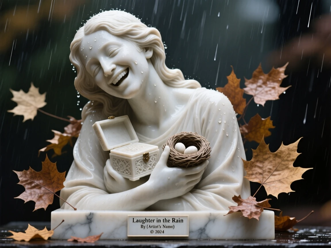 A close-up portrait of a woman laughing in the rain, cradling something precious close to their chest, surrounded by drifting autumn leaves, radiating quiet emotion and dignity