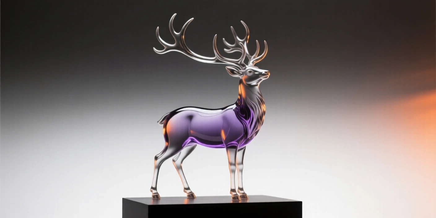 A stag with towering antlers silhouetted against a dramatic sunset sky over rolling hills, warm orange and purple tones creating a serene, cinematic mood.