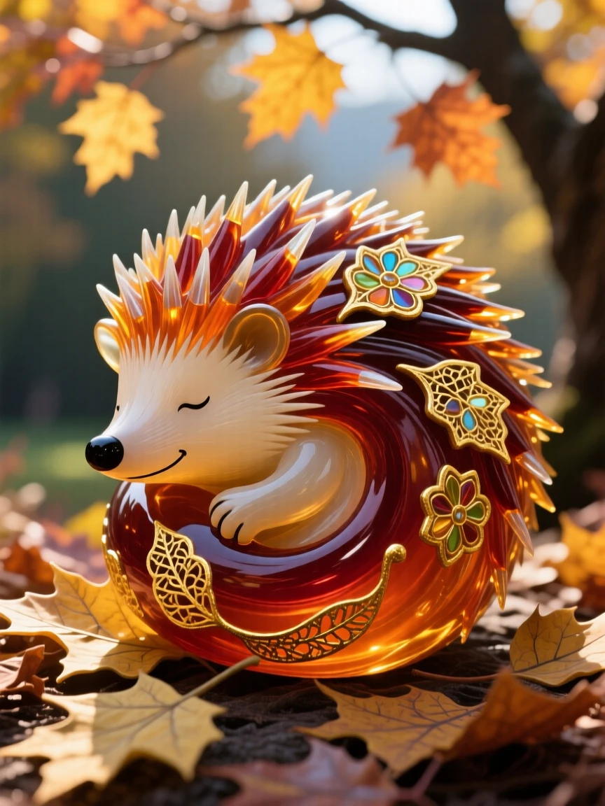 A hedgehog curled among fallen autumn leaves, cozy and endearing, warm afternoon light filtering through trees.