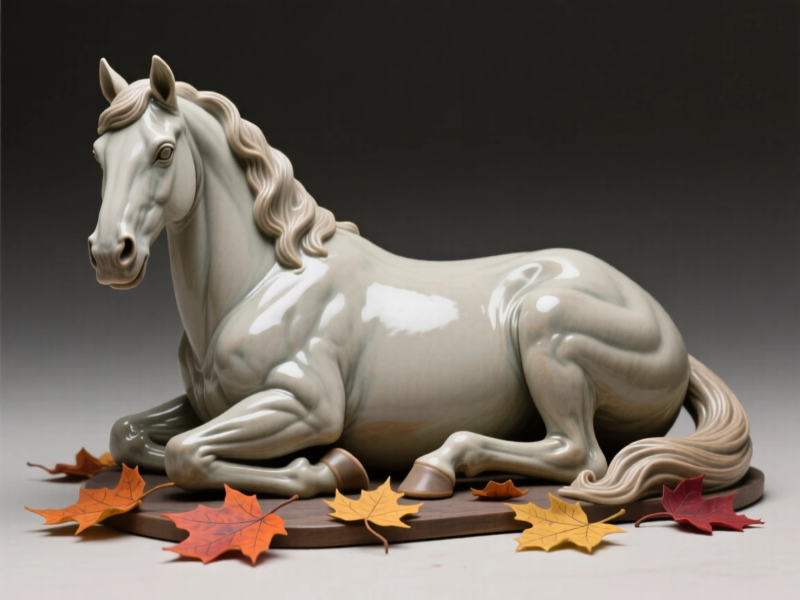 A proud stallion resting with paws tucked beneath its body, framed by scattered autumn leaves, conveying calm strength and quiet pride.