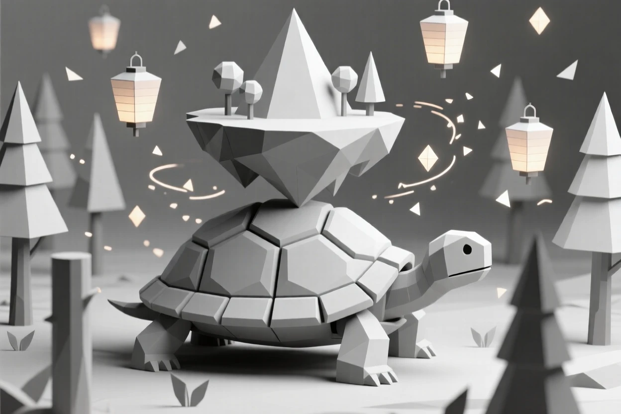 A colossal turtle carrying a floating island on its back, within a forest lit by floating lanterns. swirling particles of light drift through the air. The scene feels magical and full of wonder.