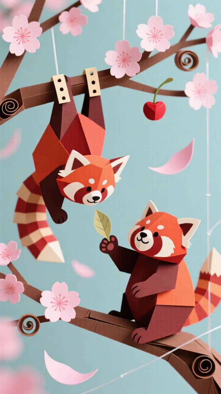 A pair of red pandas playing among blossoming cherry branches, one hanging upside down and the other reaching for a leaf, soft pink petals drifting through the air, evoking playful charm.