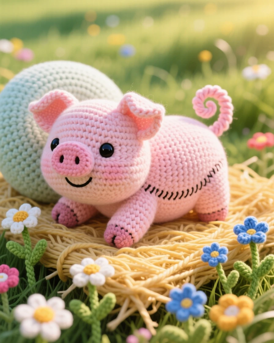A heartwarming close-up of a baby pig, with a curly tail and a pink snout, rolling happily in soft straw in a sunlit meadow scattered with wildflowers; a soft round pillow tucked beneath it completes the scene, radiating playful mischief bubbling just beneath the surface.