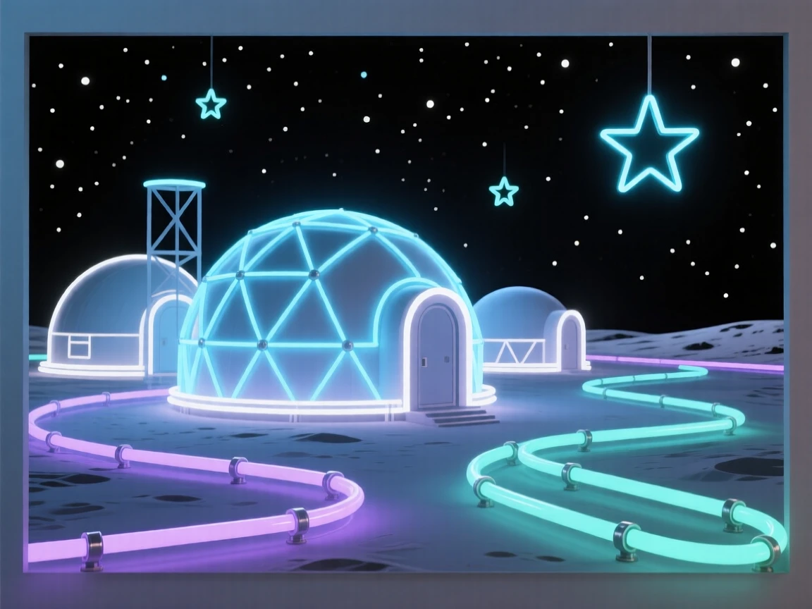 A lunar base with domed habitats under a starry black sky.
