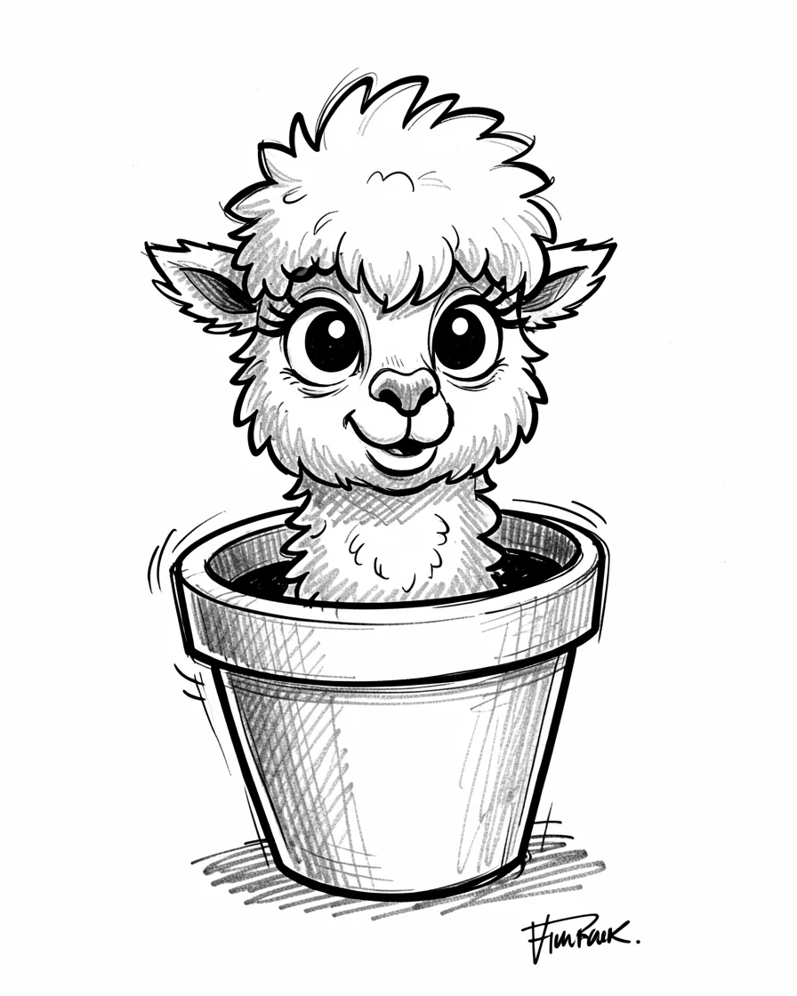 A baby alpaca peeking out of a flower pot.
