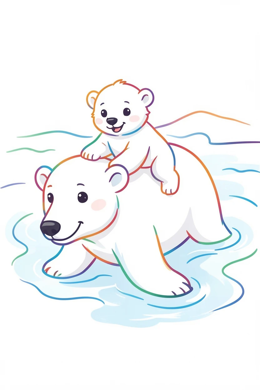 A polar bear cub riding on its mother's back as she swims through icy water.