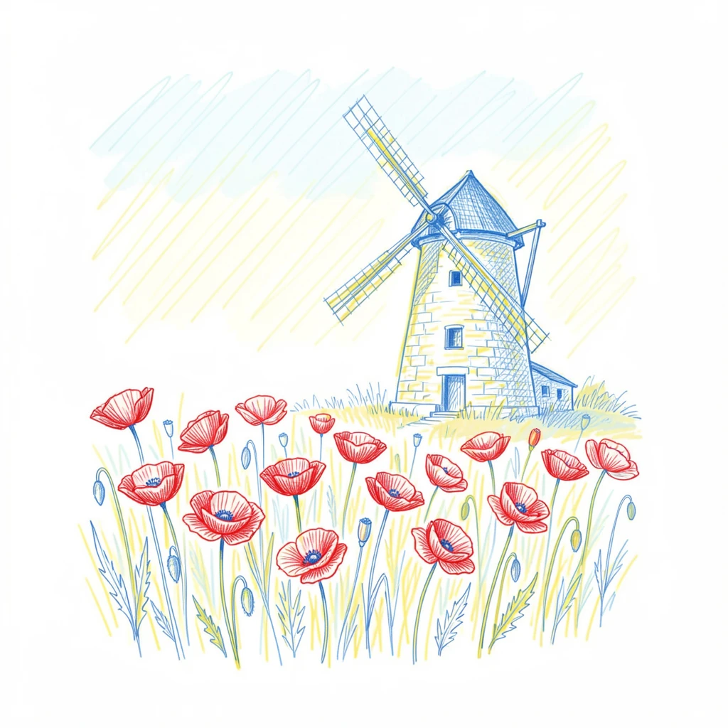 A field of red poppies beside an old stone windmill under a soft pastel sky