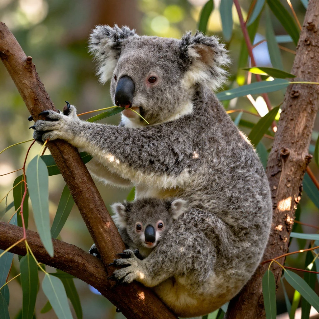 A koala clings to a eucalyptus branch, chewing lazily while a joey peeks from her pouch.