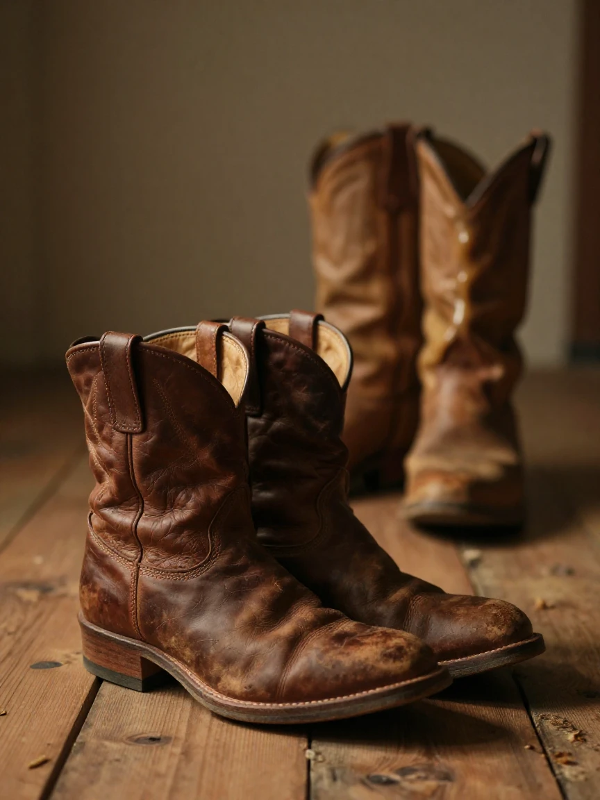A pair of worn leather boots captured just before it melts, quietly telling its own small story