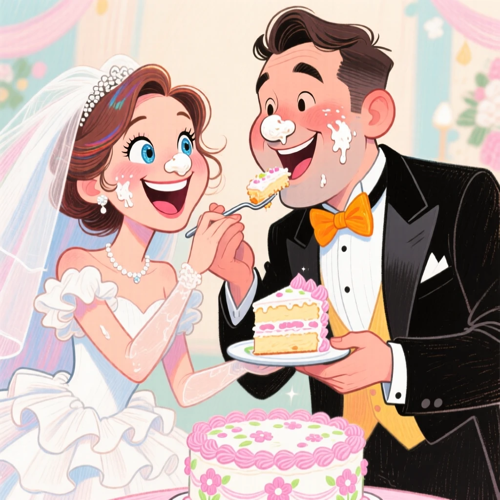 A bride and groom feeding each other cake, both getting frosting on their noses.