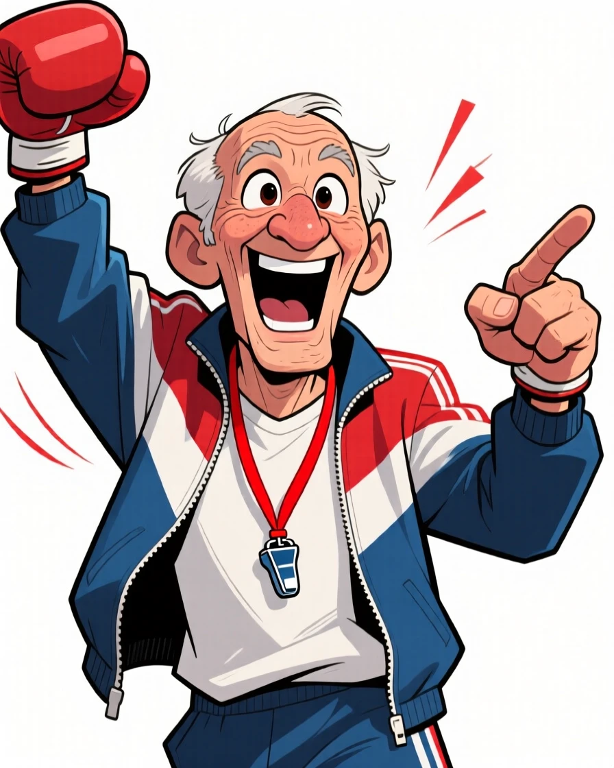 A memorable character portrait of a retired boxing coach with a flattened nose and a whistle around his neck, gesturing wildly while shouting encouragement.
