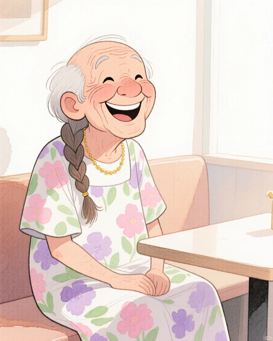 An elderly man with a single thick braid over one shoulder, grinning ear to ear, wearing a flowy floral sundress and wearing a delicate gold necklace, in a softly lit café corner