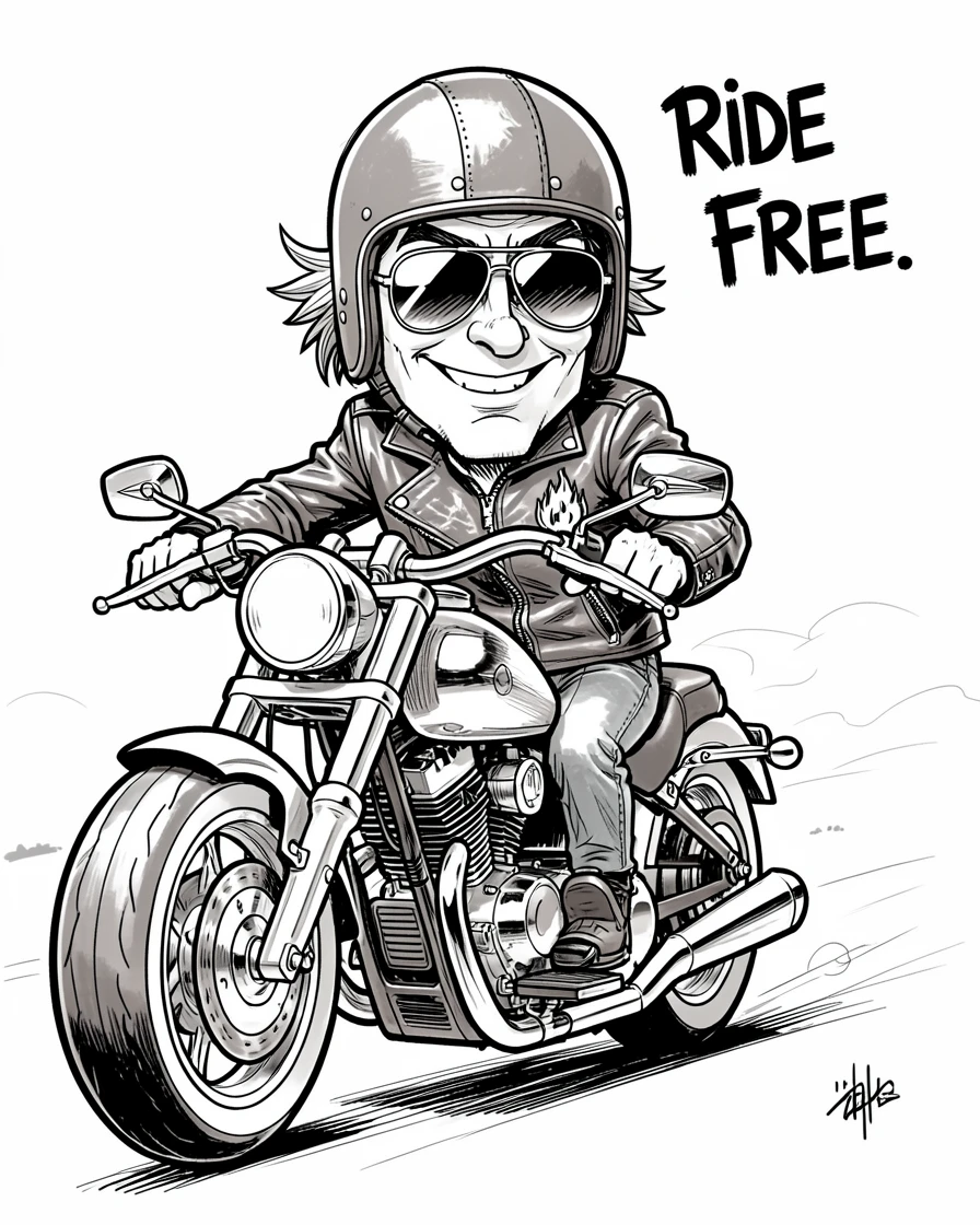 [People Portraits & Characters] Portrait of a proud biker revving a chrome motorcycle with sunglasses and a leather jacket, full of personality and charm
