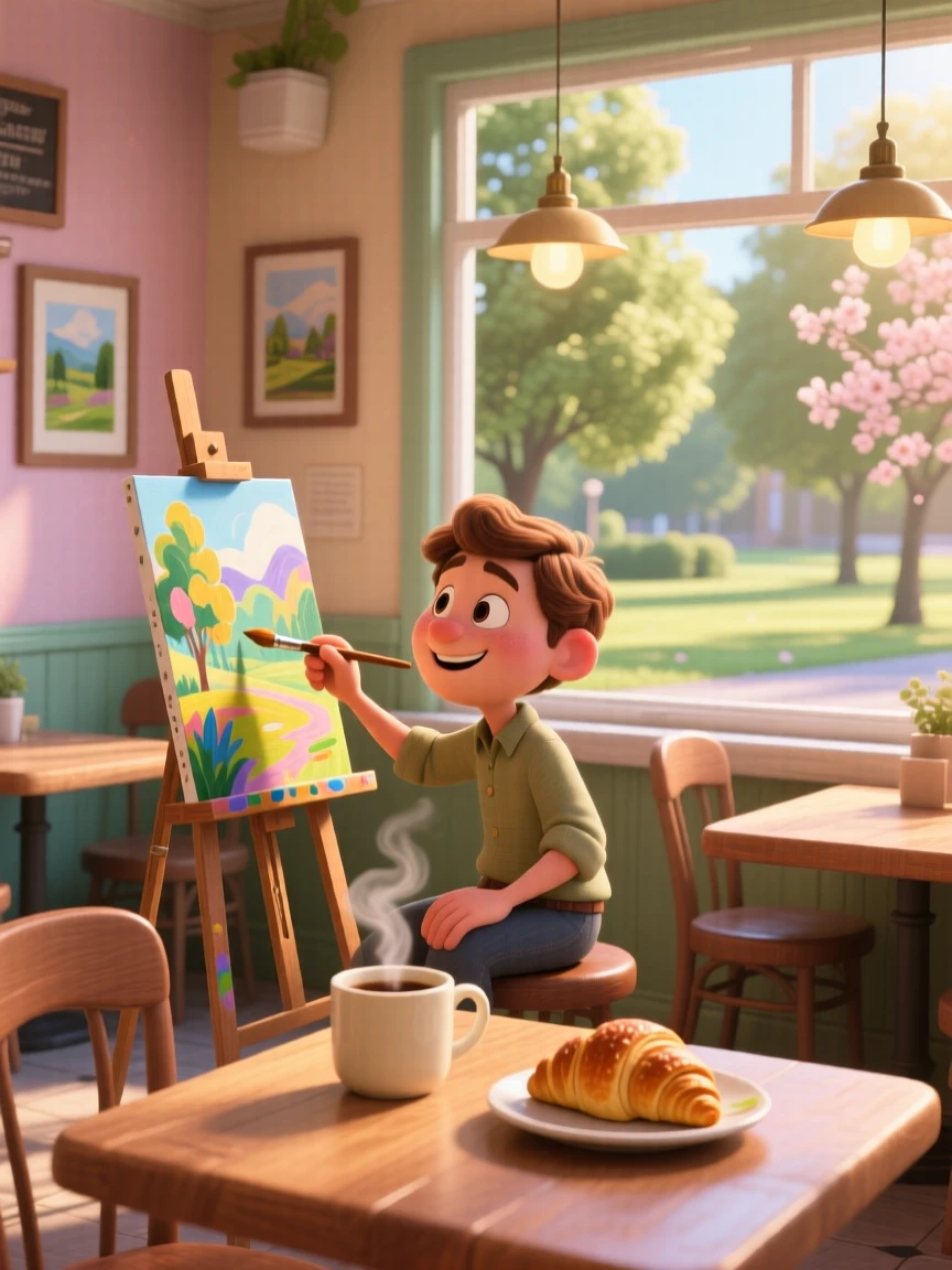 A painter working at an easel in a park is captured in a cozy corner bakery early in the morning, with steam rising gently from a nearby cup. The mood is calm, familiar, and quietly delightful.