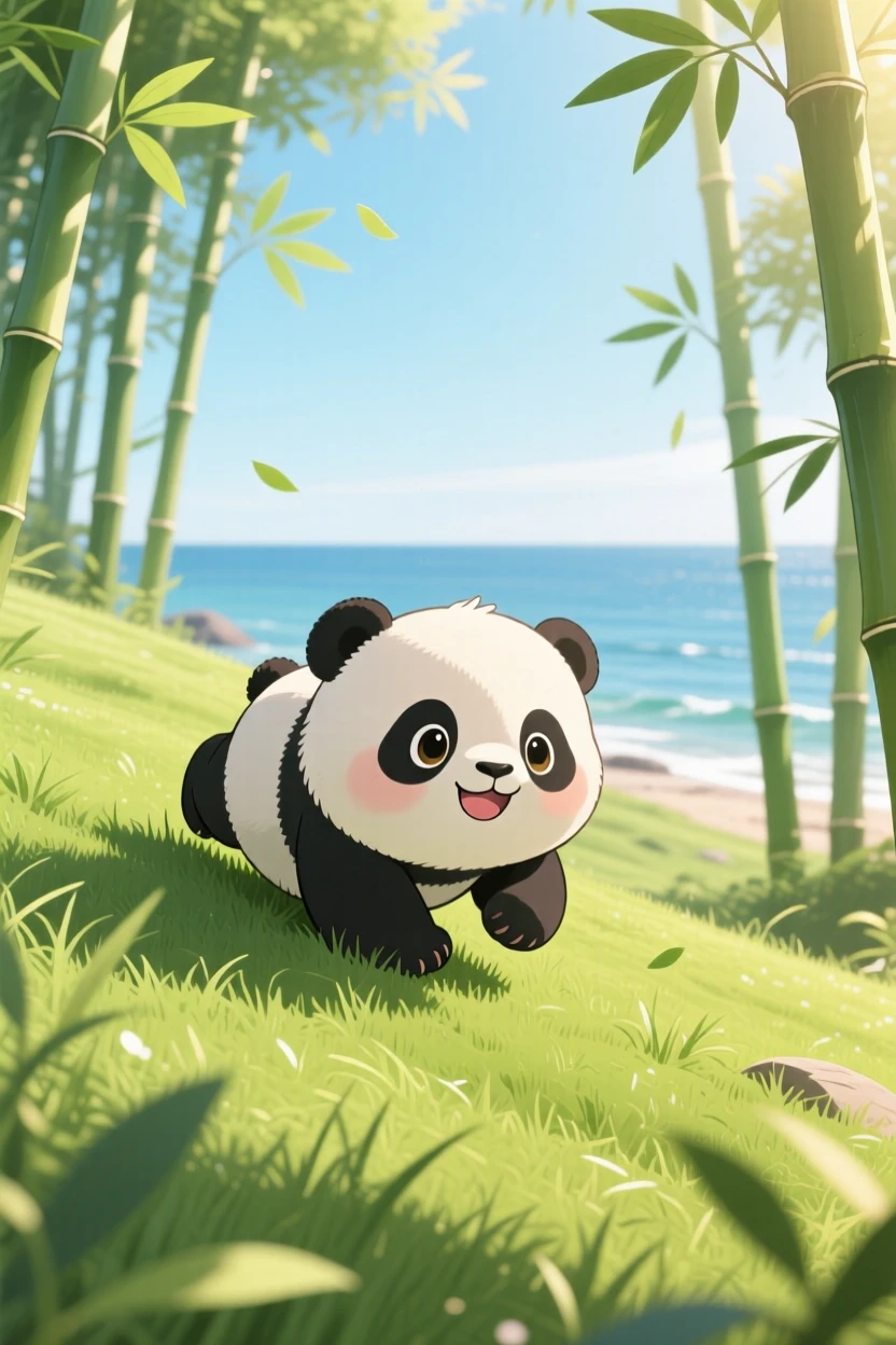 A round baby panda tumbling down a gentle grassy slope in a bamboo forest clearing on a breezy coastal afternoon; warm morning light filtering through leaves washes over the scene as quiet contentment fills the moment. Symmetrical front-on view.