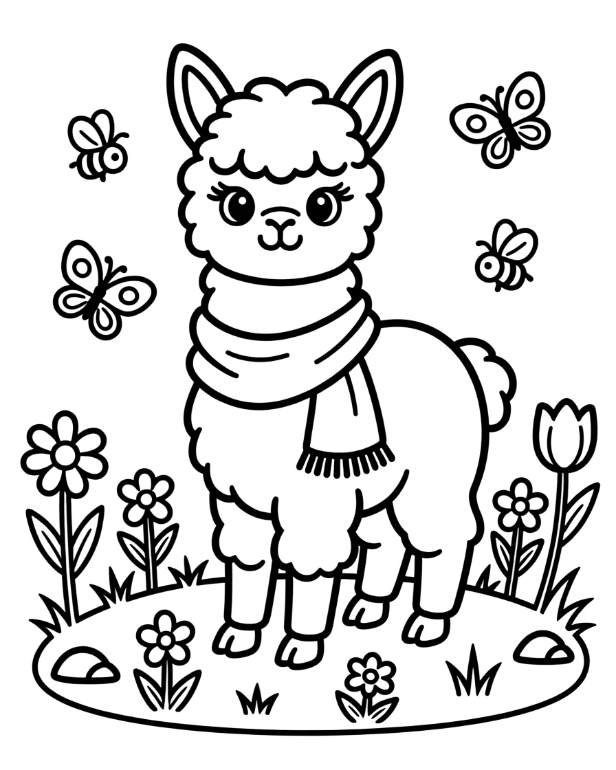 A baby alpaca standing proudly in a flower field