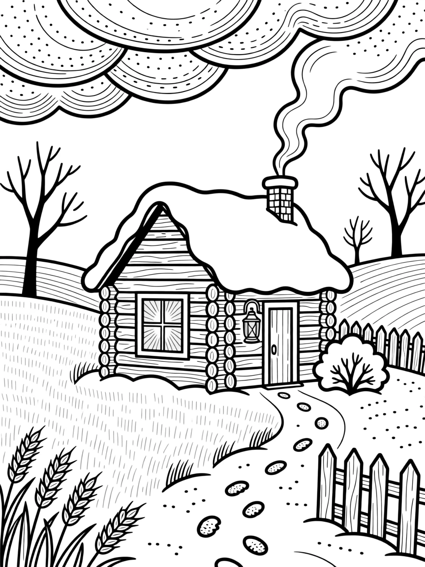 A snow-covered cabin glowing warmly from within, storm clouds gathering above a golden wheat field.