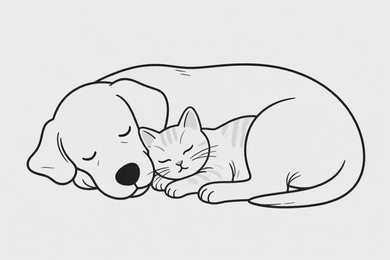 A puppy and kitten curled up together asleep