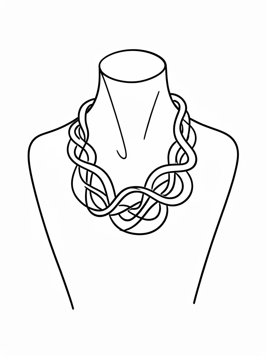 A statement necklace displayed on a mannequin bust in a shop window