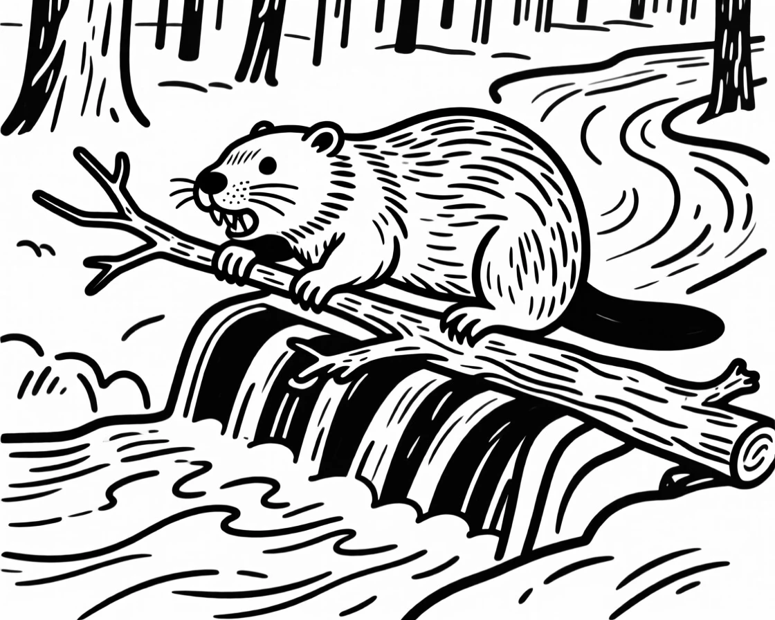 A beaver building a dam across a forest stream, gripping a branch in its teeth.