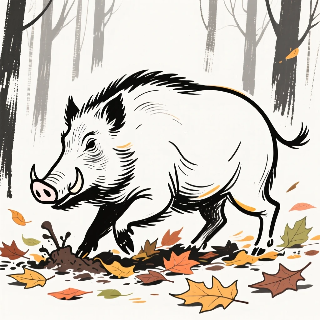 A wild boar rooting through fallen leaves in a dense woodland.