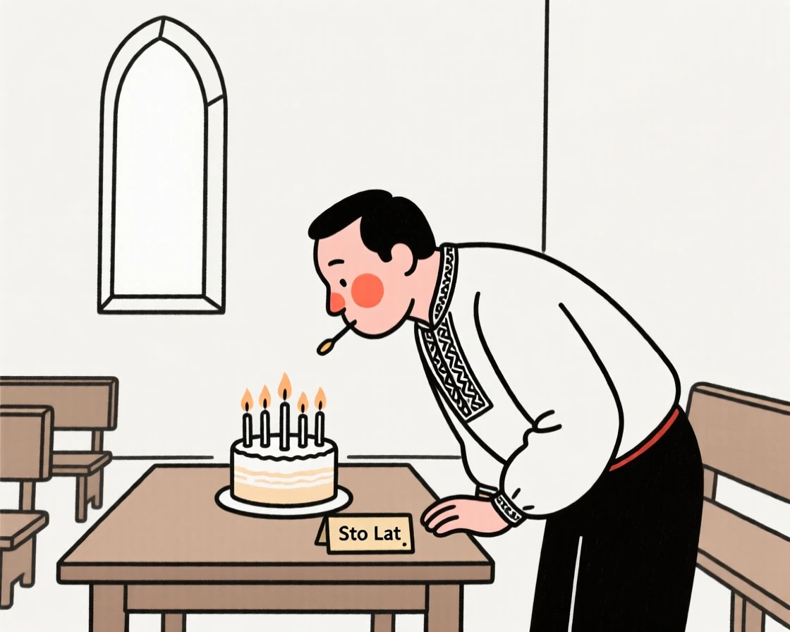 A father of Polish heritage blowing out birthday candles, in a quiet chapel.
