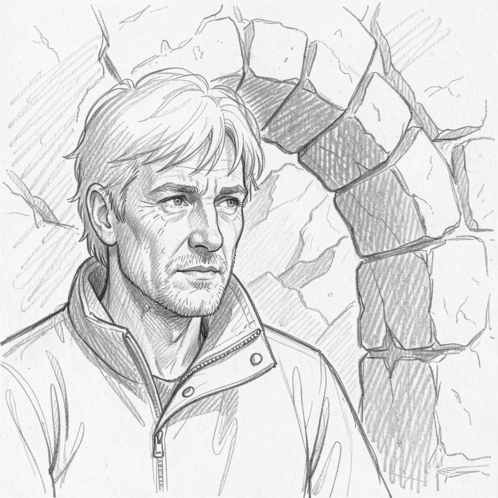 Intimate close-up of a rugged mountain guide near an ancient stone archway, gazing thoughtfully into the distance.
