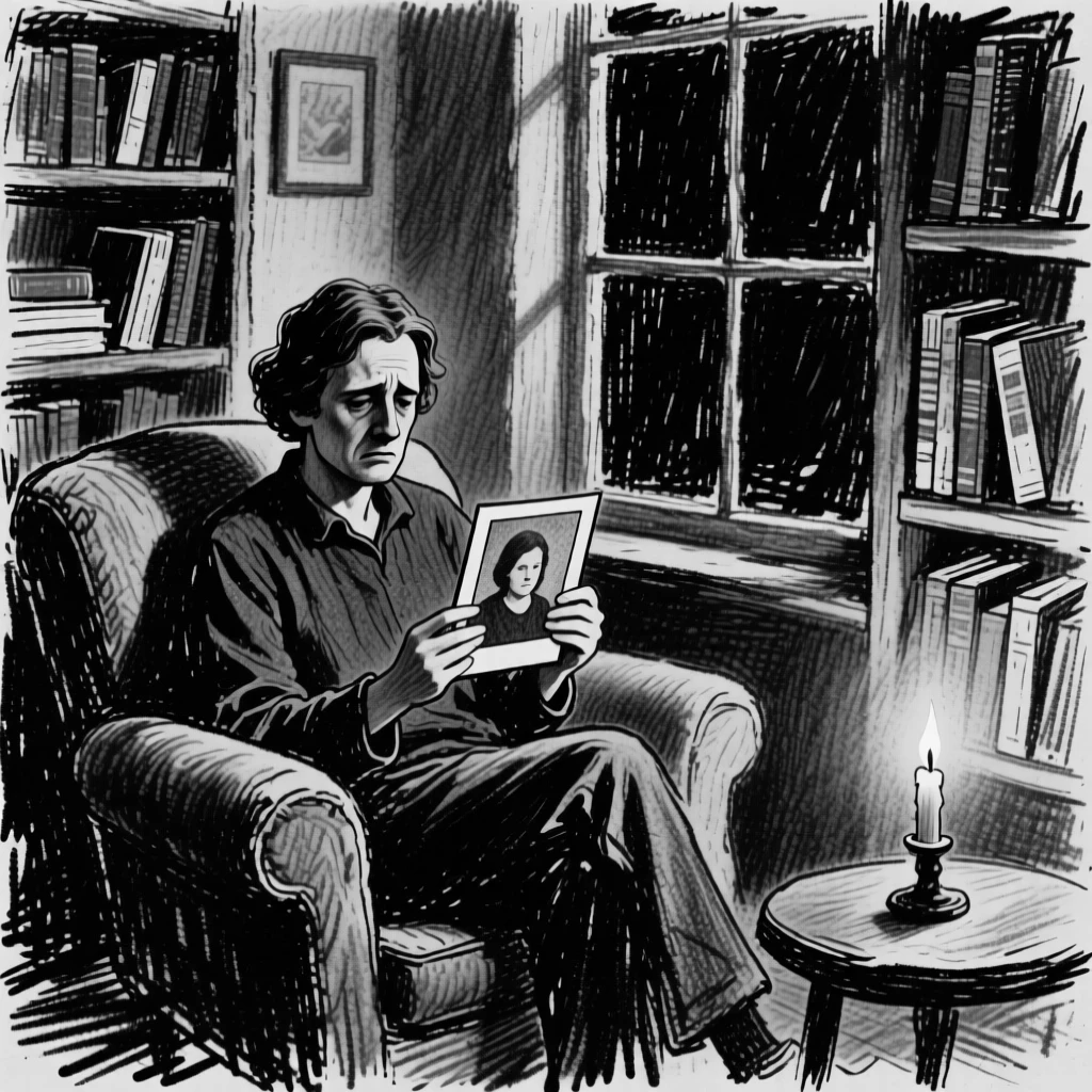 A poet holding a photograph of a departed loved one, in a cozy reading nook.