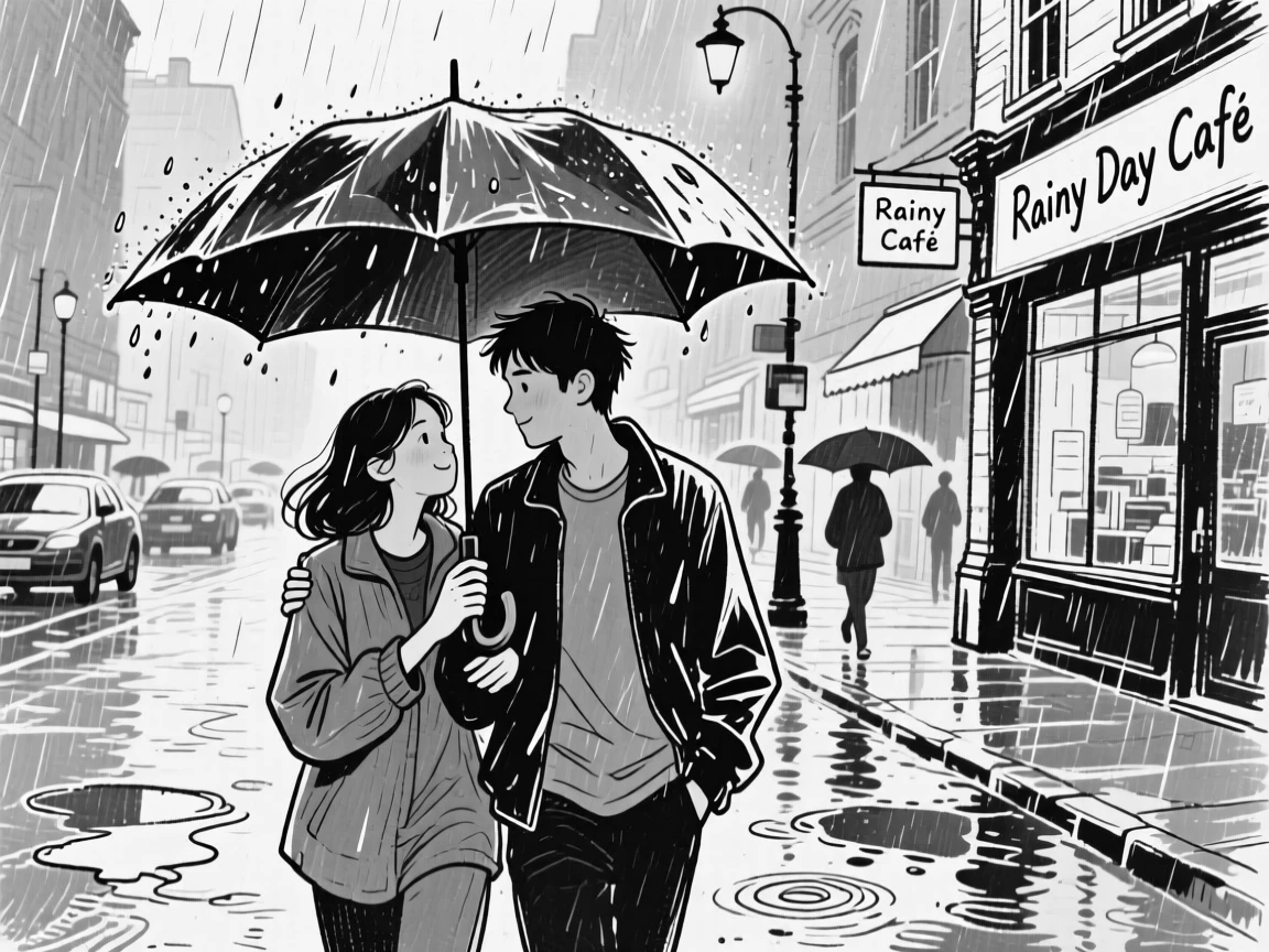 Two friends sharing a single umbrella while walking through a rainy city street.