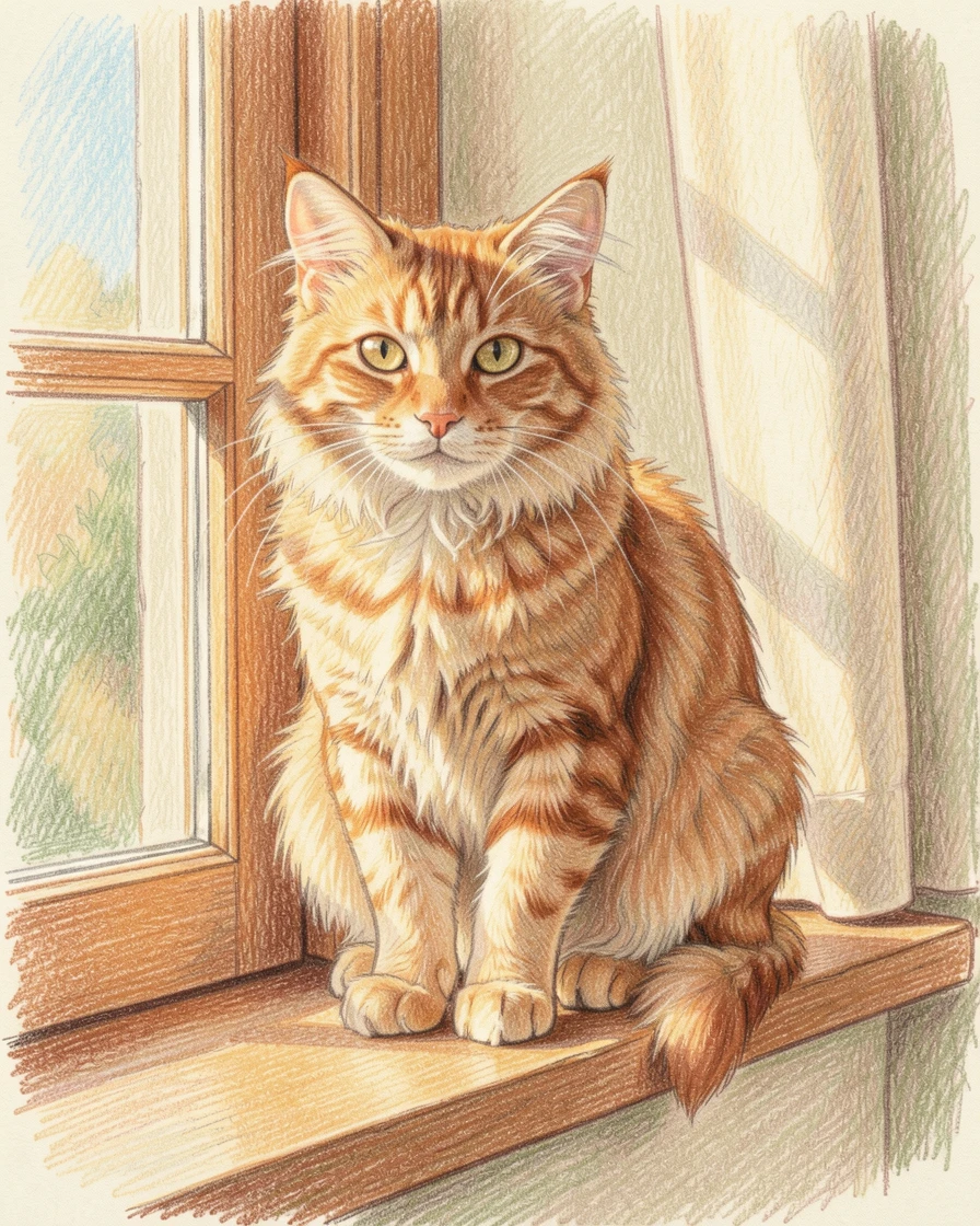 A fluffy orange tabby cat perched on a sunlit windowsill, bathed in the warm glow of early morning or late afternoon light, designed to melt hearts with its sweetness.