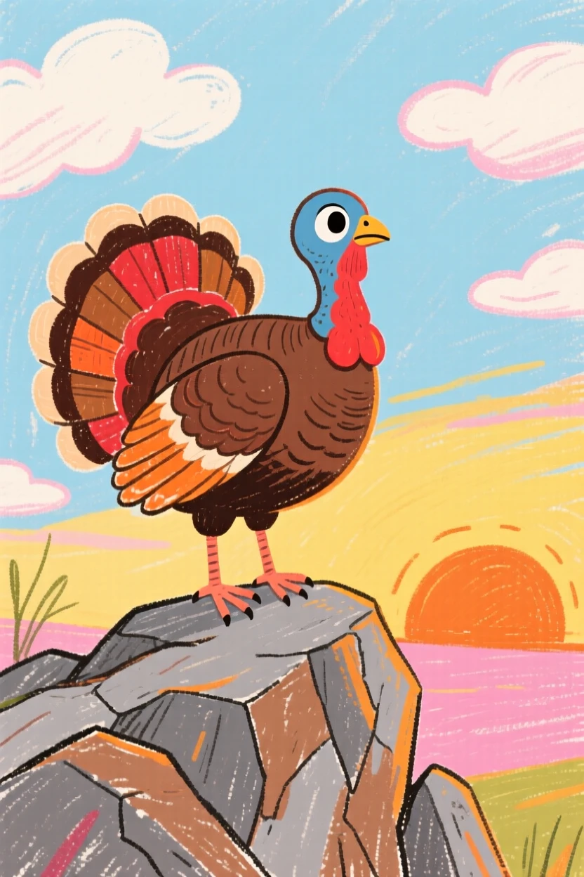 A wild turkey standing alert on a rocky outcrop at sunrise.