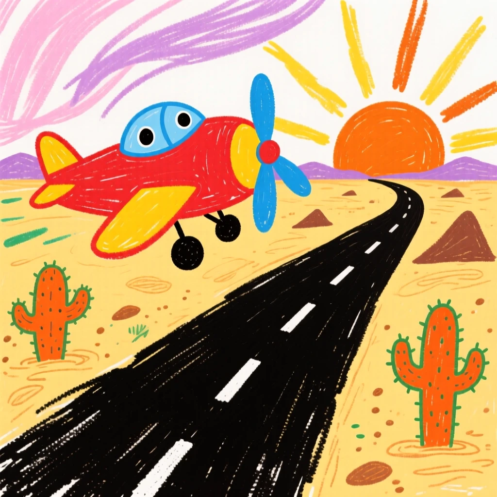 A small propeller airplane racing along a desert highway at sunrise.
