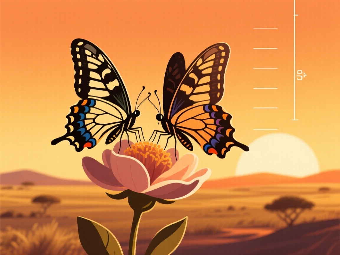 A pair of butterflies with symmetrical wings resting on a blossom, positioned against a warm golden savanna at sunset, positioned slightly off-center following the rule of thirds, with a sense of playful curiosity captured perfectly.