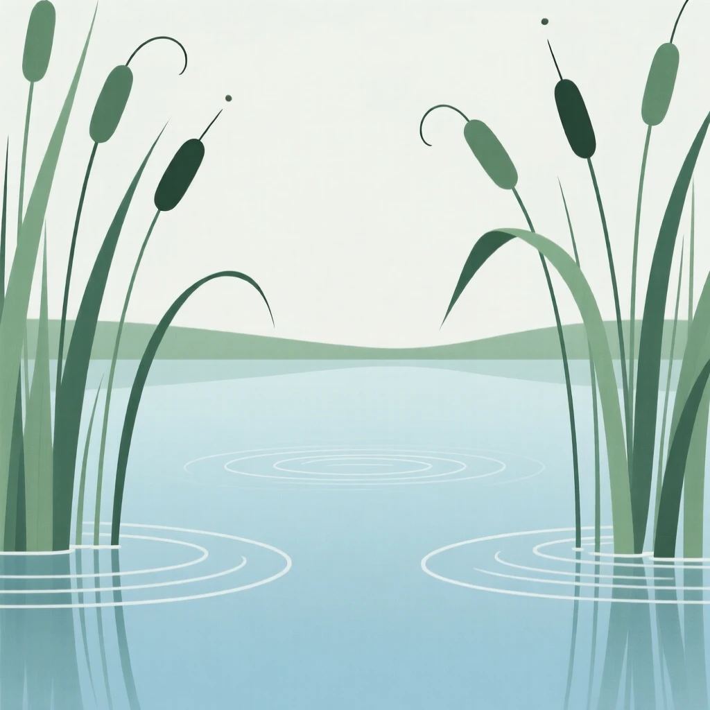 A tranquil quiet lagoon surrounded by cattails, with gentle ripples on the surface.