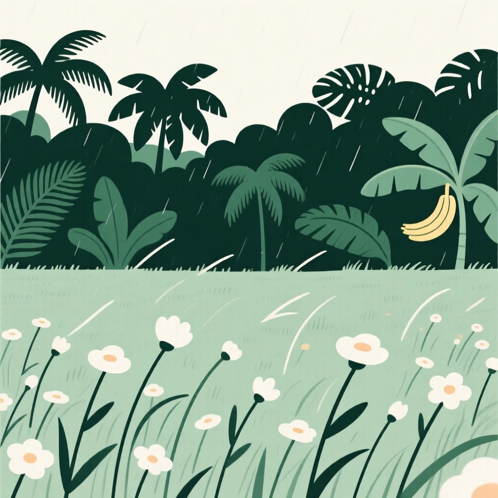 A field of wildflowers, standing at the edge of a tropical rainforest, with wildflowers swaying in the breeze nearby, evokes peaceful renewal.