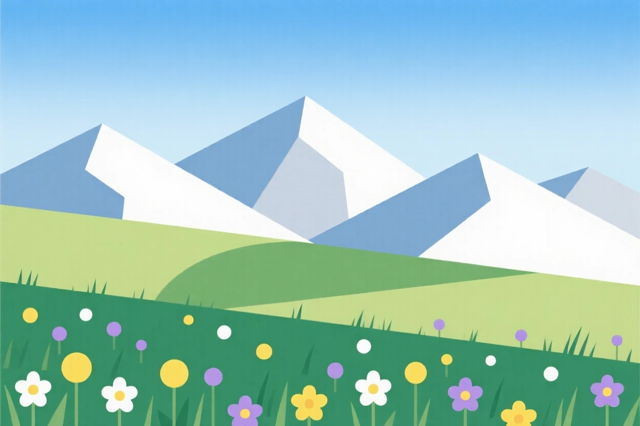 An alpine meadow with wildflowers and distant peaks